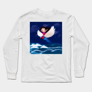 Girl and Bird Soaring Over Ocean Waves Long Sleeve T-Shirt